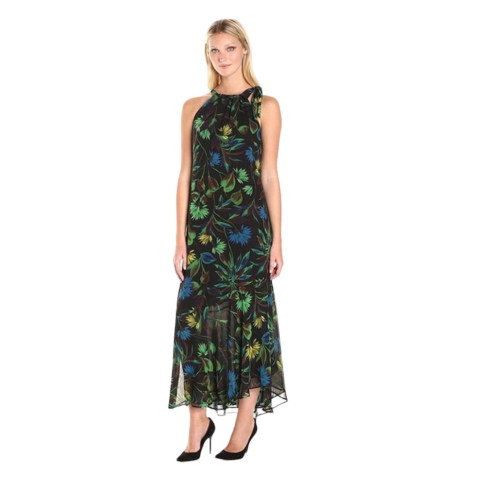 JUST... TAYLOR sz 8 Maxi Dress Halter Tropical Sleeveless Flowy Bow Blue Green